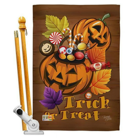 Breeze Decor BD-HO-HS-112003-IP-BO-D-US15-BD 28 x 40 in. Candy Pumpkin Fall Halloween Impressions Decorative Vertical Double Sided House Flag Set with Pole Bracket Hardware