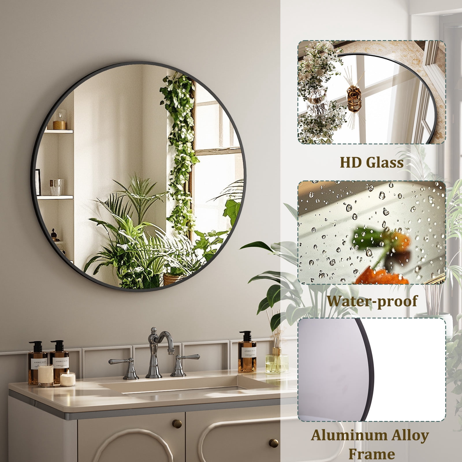 Mirstory 28" Bathroom Mirror Round Wall Mirror Vanity Mirror with Metal Frame, Black