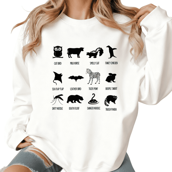 Women's Crew Neck Printed Cotton Hoodie Funny Animal Nickname Pattern Casual Playful Round-neck long-sleeved White S-3XL