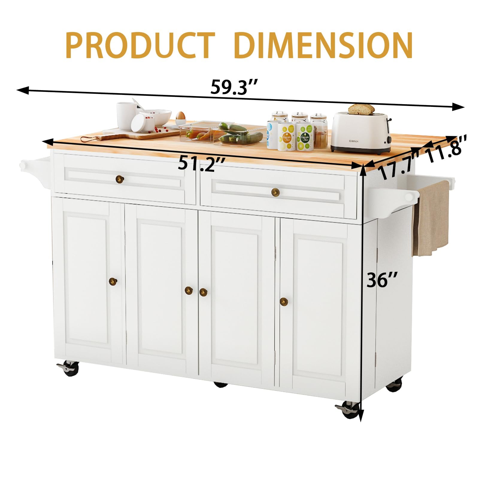 JassmiPkwy 59’’ Rolling Kitchen Island Cart with Drop Leaf and Power Outlet, Movable Kitchen Islands with 3-Tier Door Storage Shelf, Island Table on Wheels, 2 Large Drawers, Towel Racks, White