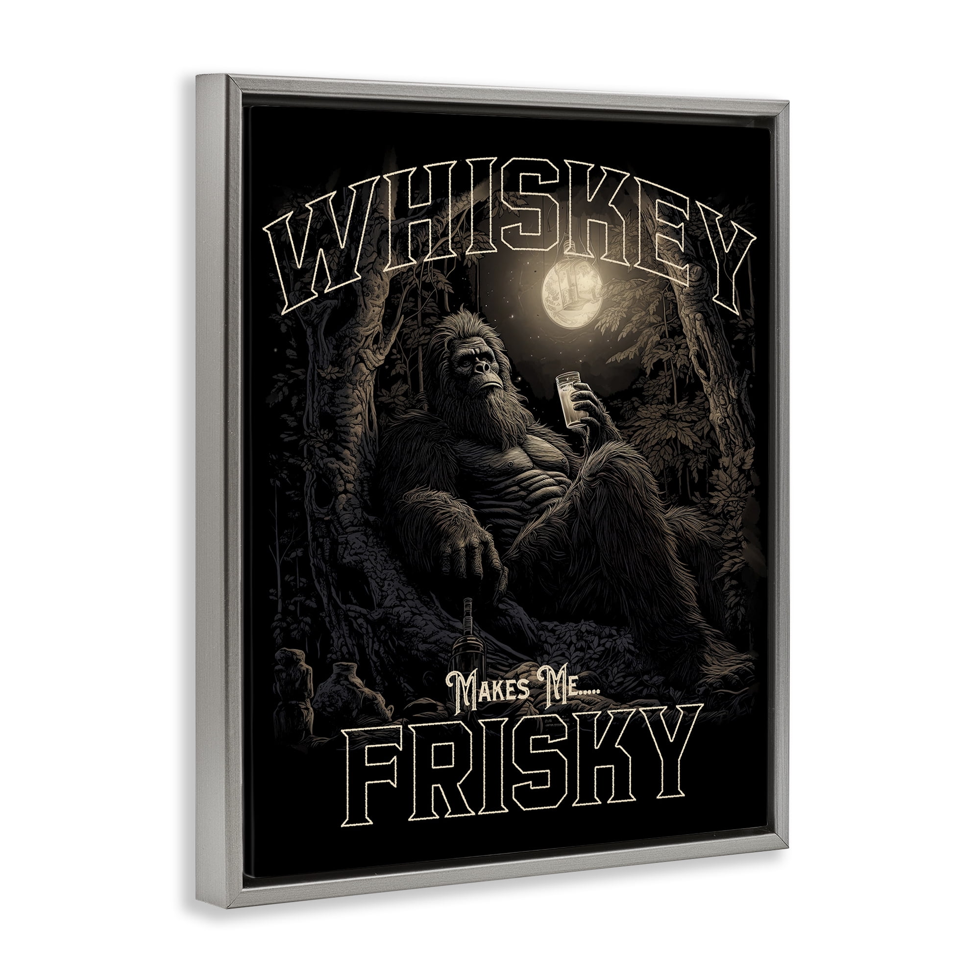 Stupell Industries Whiskey Makes Me Frisky Fairy Tales & Fantasy Painting Gray Floater Framed Canvas Art Print Wall Art, 17 x 21