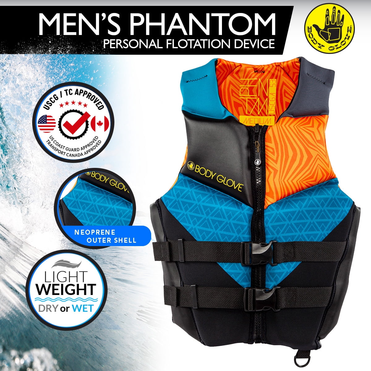Body Glove 20224ORGBLU2XL Adult Phantom PFD, Men's 2XL., Orange/Blue