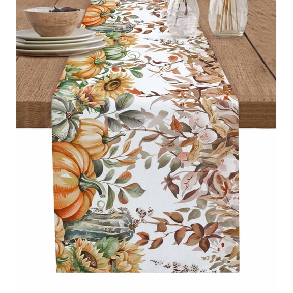 ERUNPONLY Thanksgiving Table Runner - 72 Inch Long Orange Green Pumpkin Brown Eucalyptus Cotton and Linen Blended Dress Scarves Farmhouse Table Runner for Kitchen Dining, Coffee Table, 14"x72"