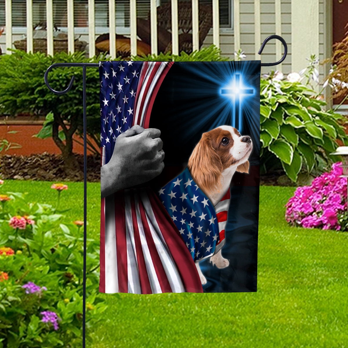 Hand Pulling USA Flag Cavalier King Charles Spaniel Dog Wearing Flag American Standing under Cross Christian Patriotic House Flag (3x5) Double Sided- Premium Polyester-Decorative Indoor Outdoor Flag