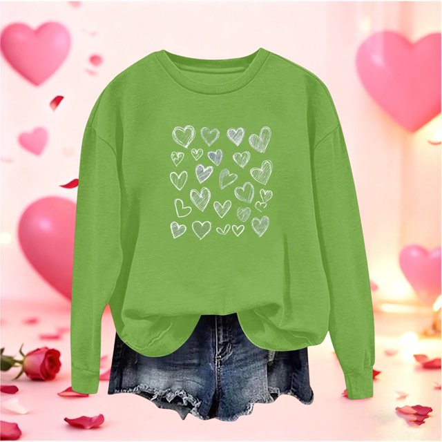 Mceream Valentines Chandails en Molleton pour Femmes Mode Imprimé Cœur Graphique Manches Longues Chemises Surdimensionnées Col Rond Chandail Tops Grande Taille Vert G