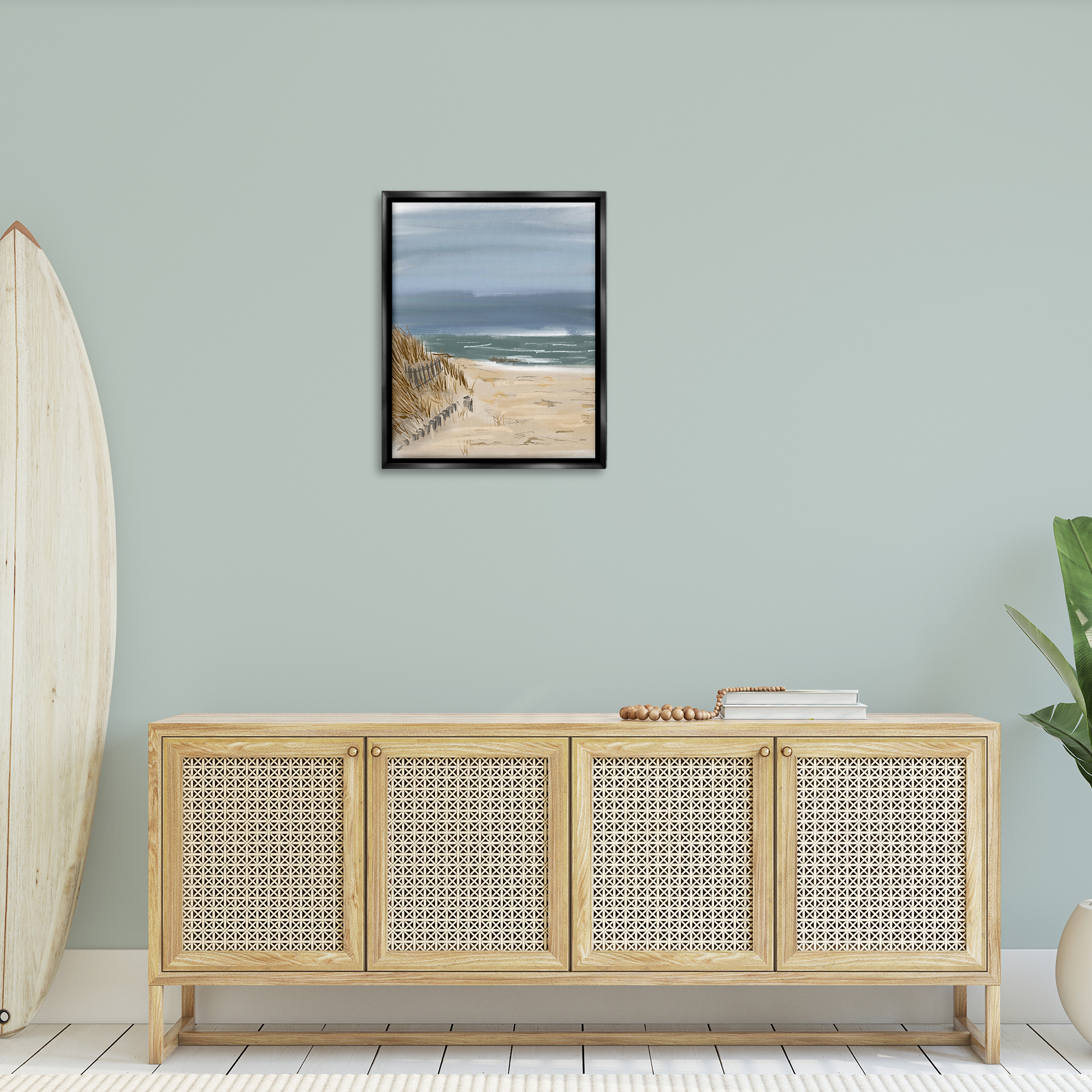 Stupell Industries Serene Beach Fence Landscape Painting Black Floater Framed Canvas Art Print Wall Art, 25 x 31
