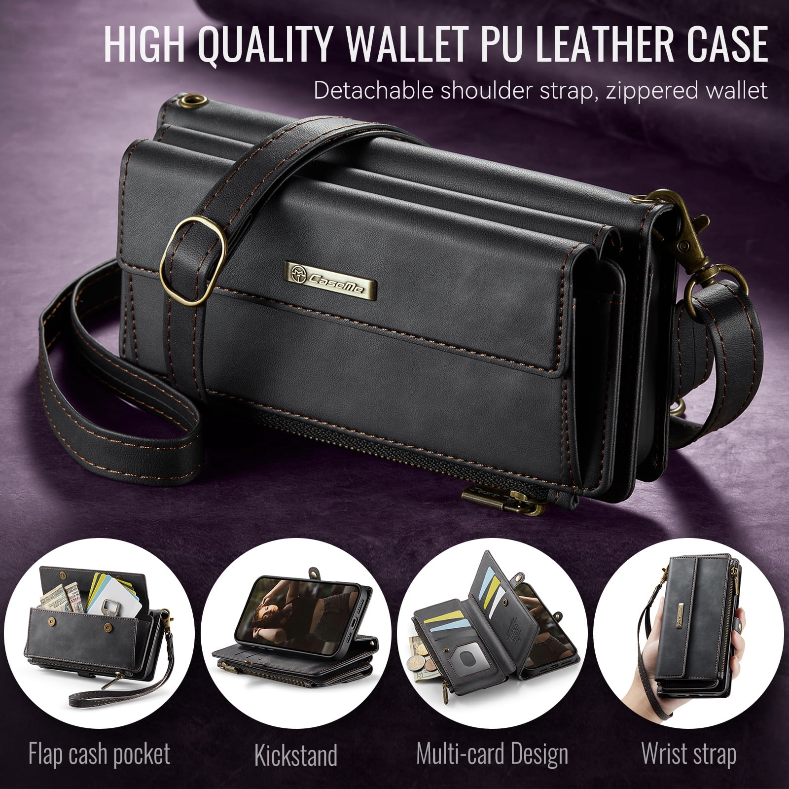 Compatible with iPhone 17 Pro Max Wallet Case, Women Men RFID Blocking PU Leather Flip Cover Zipper Pocket Card Slots Phone Case for iPhone 17 Pro Max, Wrist Strap & Crossbody Strap, Black