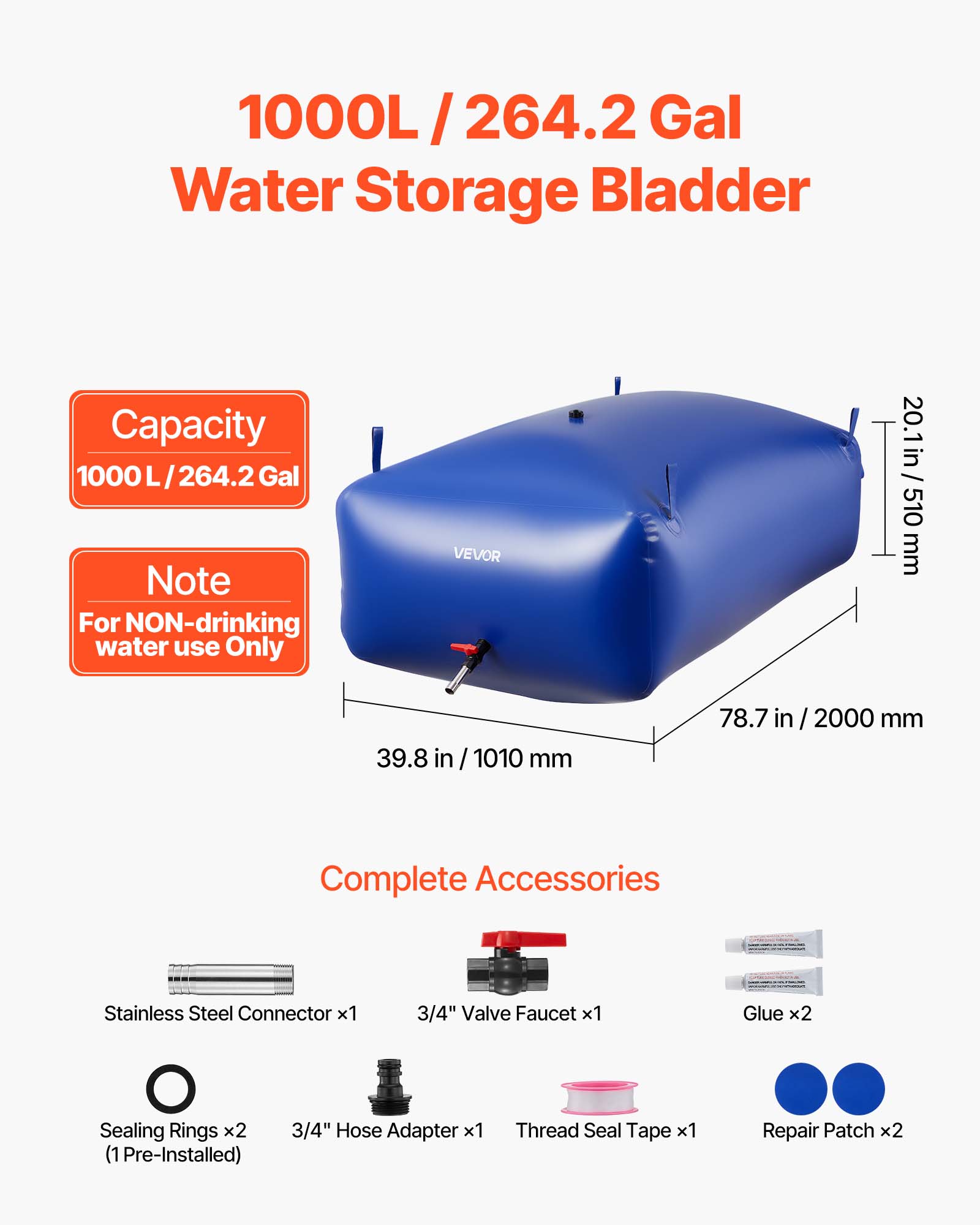 VEVOR Water Storage Bladder 264.2 Gallon Large Capacity Water Bag,Portable & Collapsible Soft Waters Container, Leakproof & Tear-Resistant PVC Emergency Waters Storage Tank for RV Truck & Outdoor Use