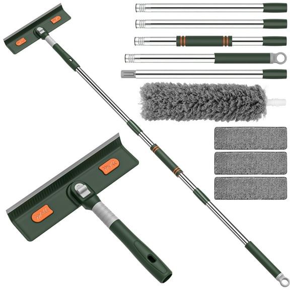 67in Window Squeegee Cleaner, 4 in 1 Rotatable Glass Cleaning Tools with Silicon Squeegee & 3 Replaceable Microfiber Scrubber, Window Cleaning Kit for Shower Glass Mirror Door Car