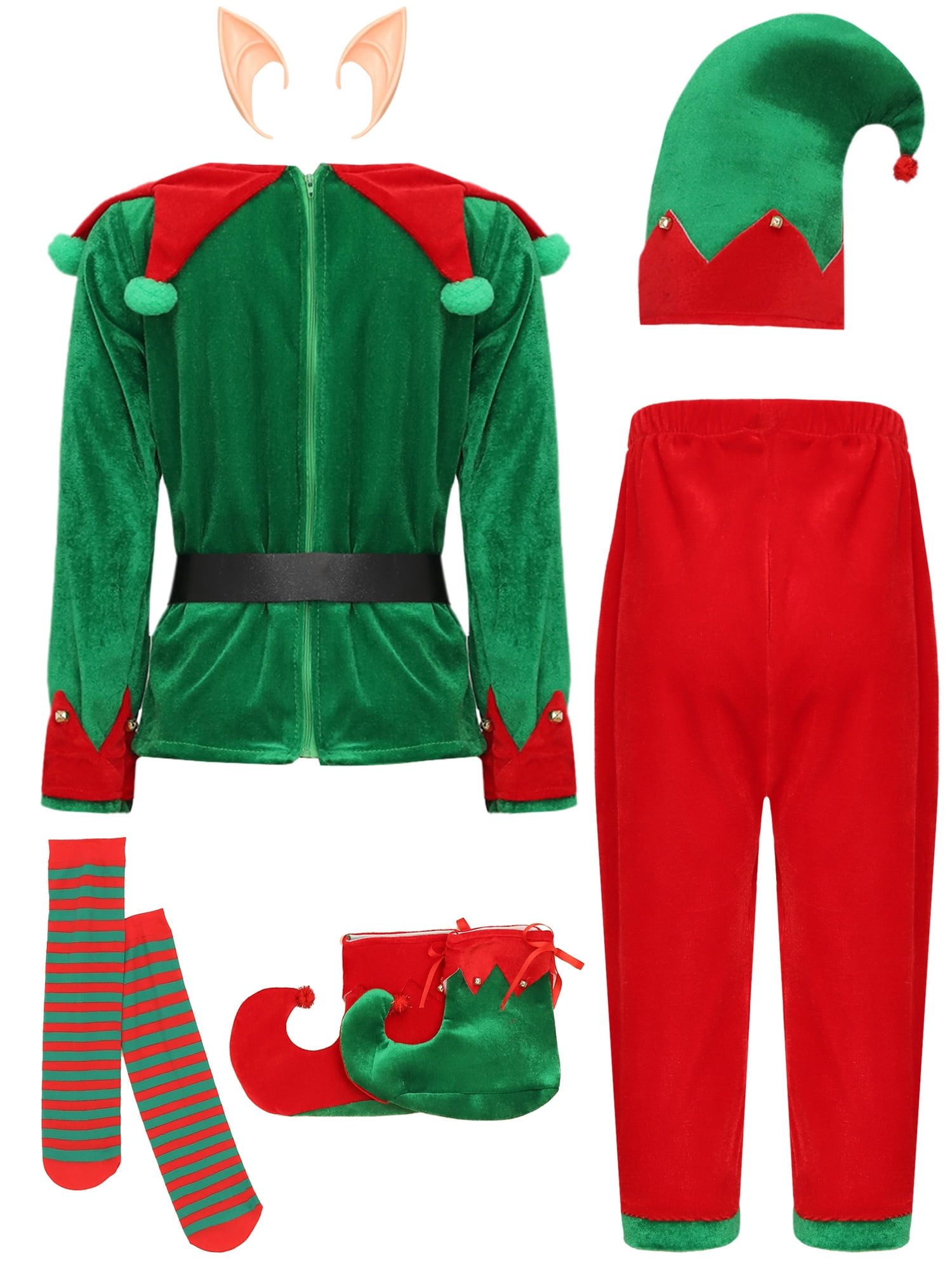 renvena Boys 7-Piece Christmas Elves Outfit Set Christmas Party Role Play Dress Up Set Green 13-14
