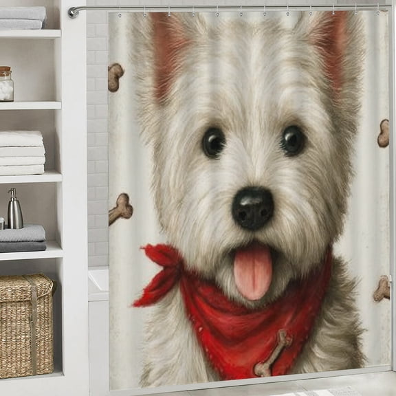 RKSupls Christmas Shower Curtain, Cute Westie Shower Curtain with Hooks for Christmas New Year Home Bathroom Decor Washable Curtains, 72x72 in