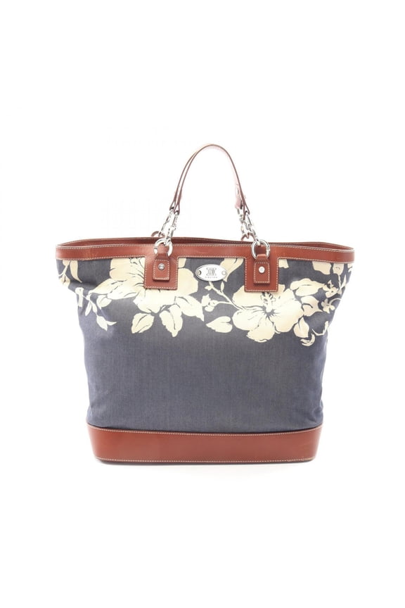 Pre-Owned Celine floral print tote bag/handbag, denim/leather, women's, navy/brown tones.