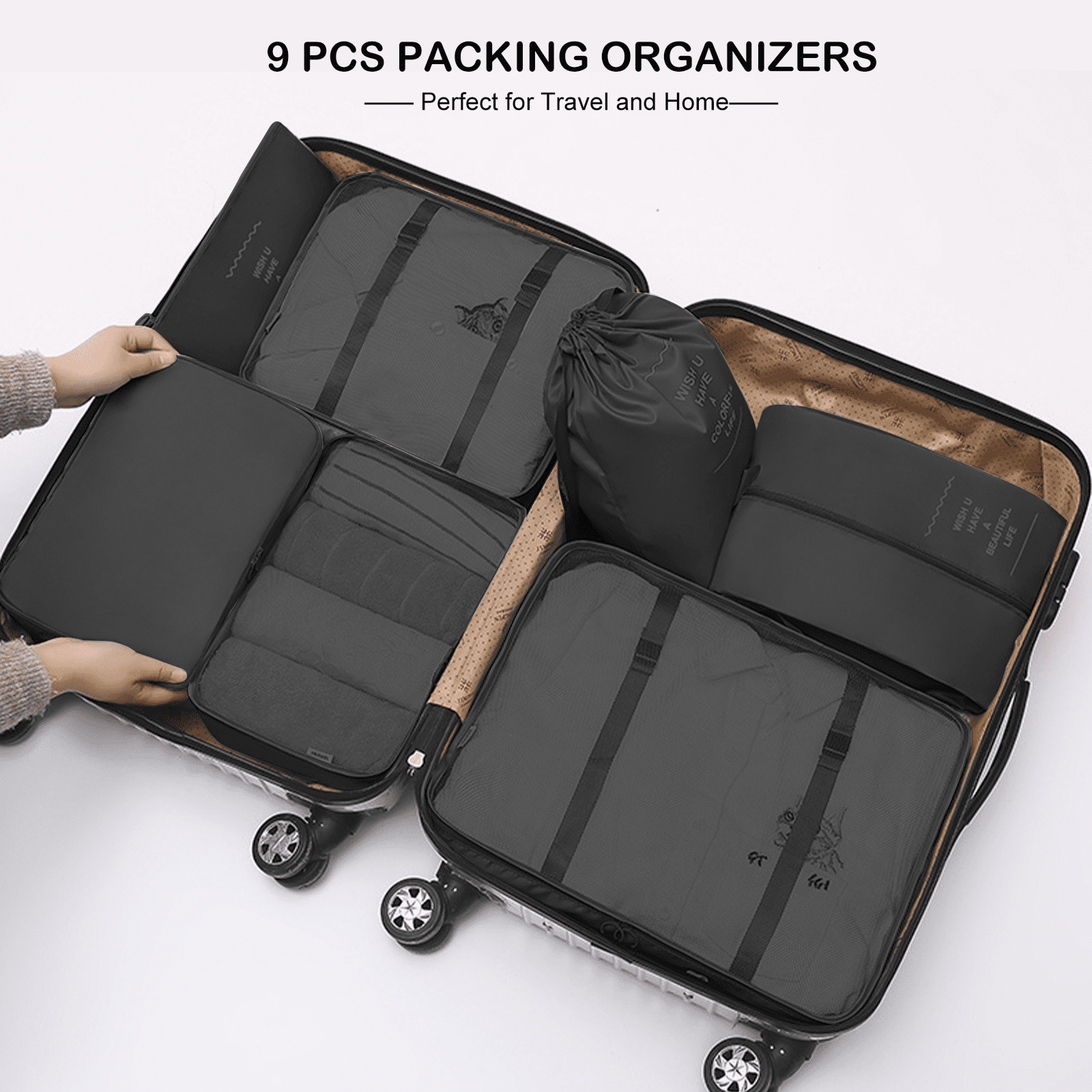 Yamyone 9 PCS Packing Cubes for Travel,Travel Packing Cubes Lightweight Suitcase  Organizer Bags Set Luggage Packing Organizers for Travel Accessories with Shoes  Bags - Grey 