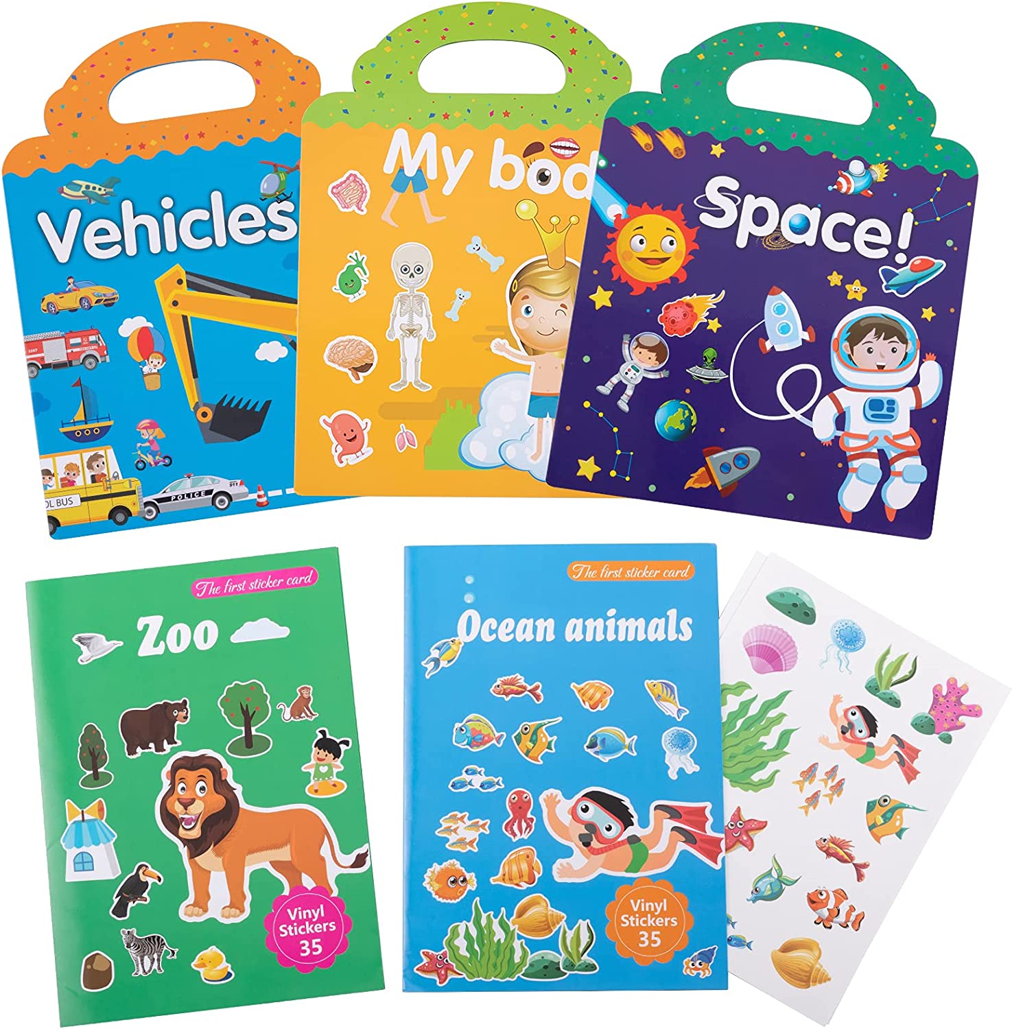 Reusable Sticker Books for Kids- My Body, Zoo, Vehicles, Space, Ocean  Animals Cute Static & Adhesive Stickers Book for Toddlers Age 2-4  Educational Toys Learning Books Birthday Gifts 