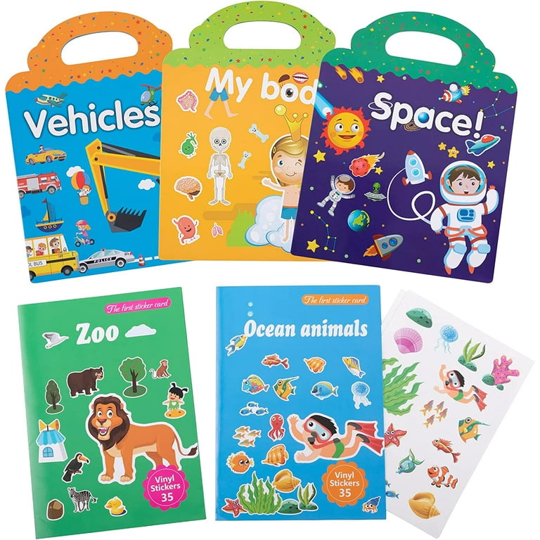 Reusable Sticker Books for Kids- My Body, Zoo, Vehicles, Space, Ocean  Animals Cute Static & Adhesive Stickers Book for Toddlers Age 2-4  Educational