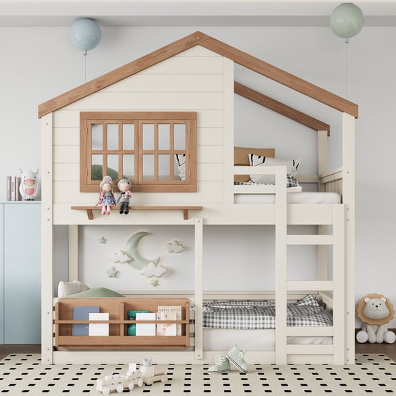 URTR Twin Over Twin House Bunk Bed with Window, Bookshelf and Roof, Wooden Twin Size Floor Bunk Bedframe with High-Quality Guardrail and Ladder, Playhouse Bed for Bedroom, Beige