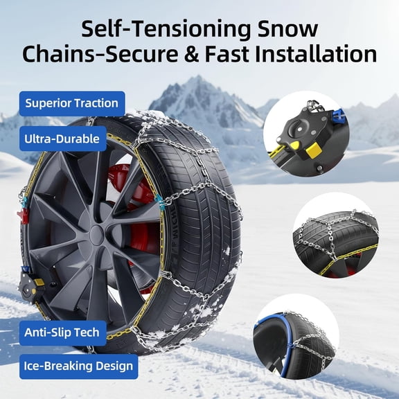 Snow Chains for Car Tires, 35s Quick Fit & Auto-Tightening, Universal Emergency Anti-Slip Tire Traction Chains for Cars, SUVs & Trucks, Reusable Portable Set of 2 (HKN-130)