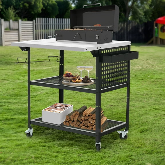 Uforic 3-Tier Grill Cart with Drop Leaf, Outdoor Island Table with Wheels & Hooks, Black