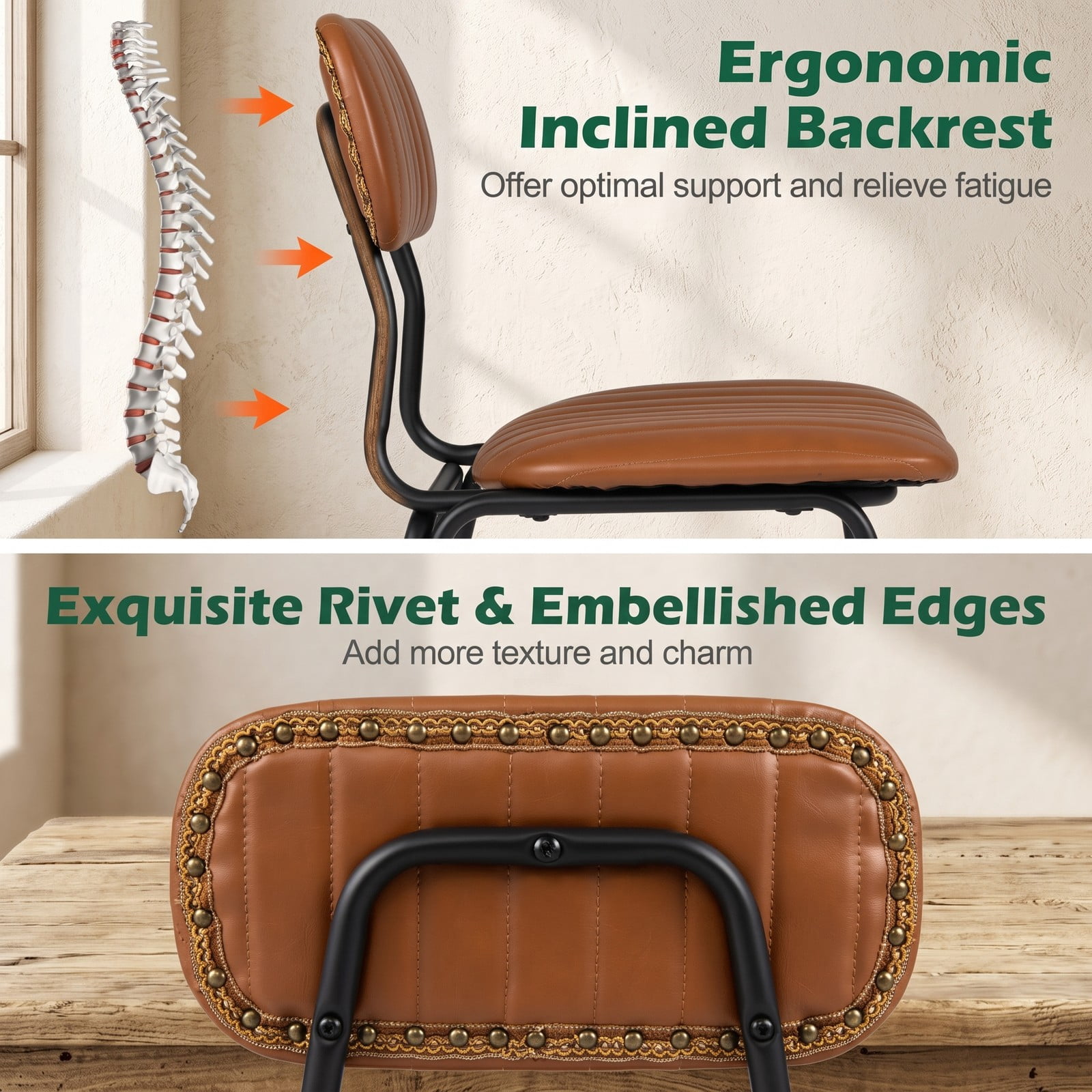 Furnibear Set of 2 Modern Dining Chairs, Upholstered PU Leather Kitchen Side Chairs with Ergonomic Backrest, Metal Legs, Rivet & Embellished Edges, 350 lb, Brown