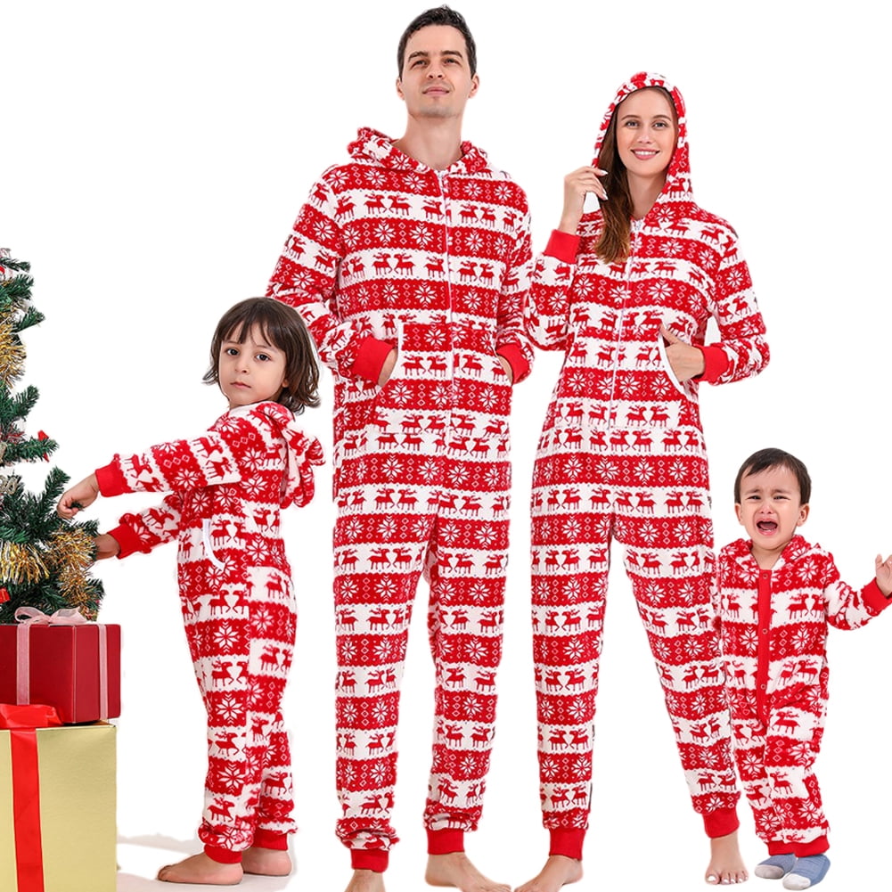 SYNPOS Family Matching Fleece Dad Mom Kids Baby Christmas Print Hooded