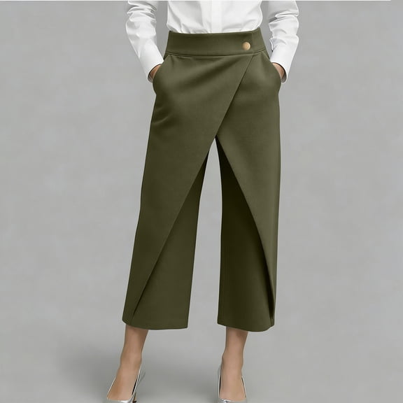 LEKWK High Waisted Wide Leg Pants for Women Asymmetrical Wrap Front Flowy Cropped Pants Elegant Business Casual Trousers with Pockets Vacation Outfits