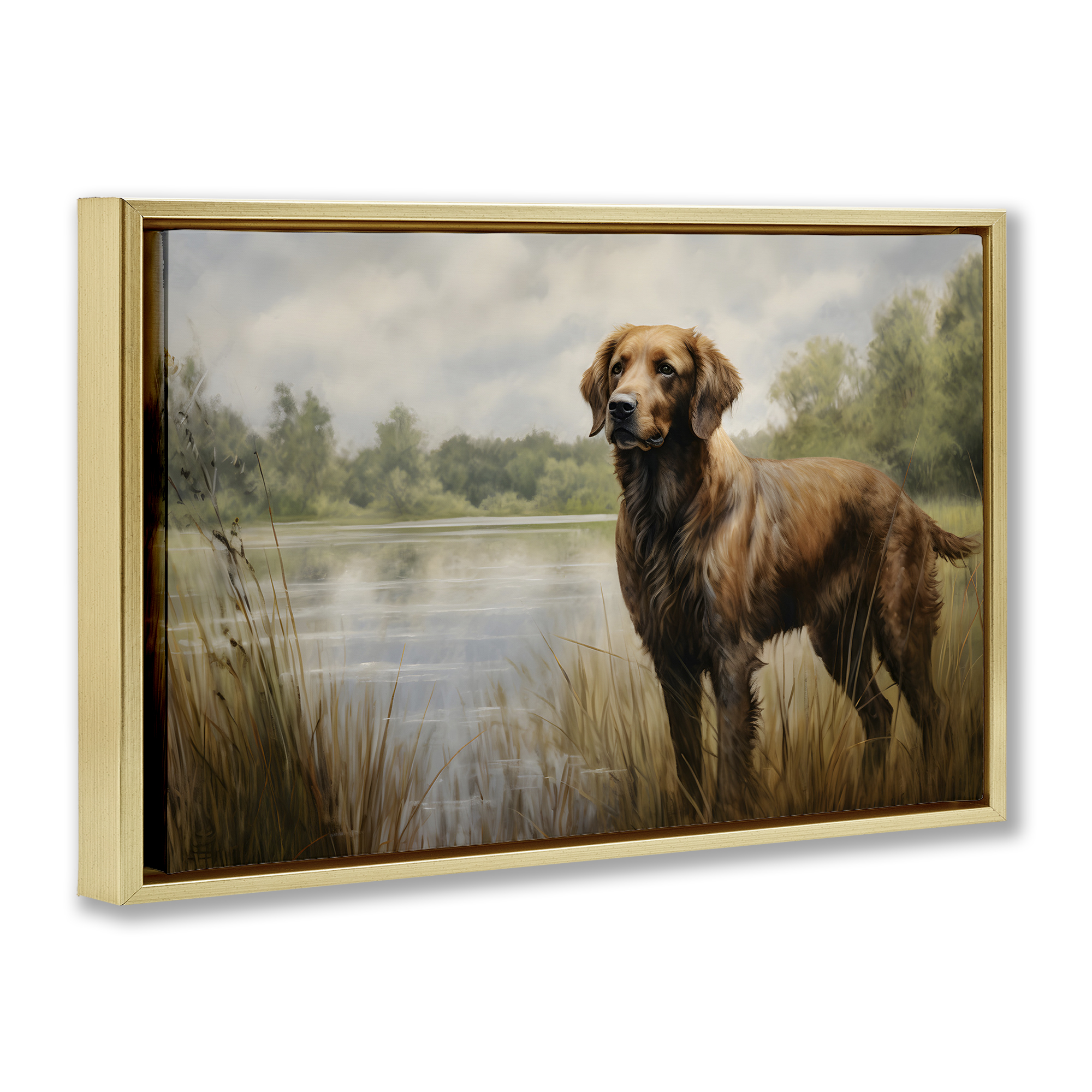 Stupell Industries Retriever Dog & Pond Landscape Painting Gold Floater Framed Canvas Art Print Wall Art, 25 x 17
