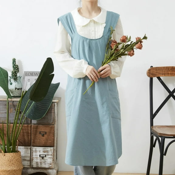 Large Linen Cross Back Kitchen Cooking Aprons for Women Men with 2 Pockets Cute Gardening Works Dress