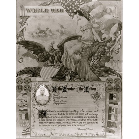 Commemorative allegorical print showing Columbia seated on pedestal wearing a Phrygian cap with an American flag eagle with wings spread and a scene showing American soldiers shooting a machine gun Pr