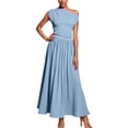 thumbnail image 1 of Vestido largo informal liso con hombros descubiertos y bolsillos, poliéster spandex, corte holgado, tallas S-XL, 1 of 4