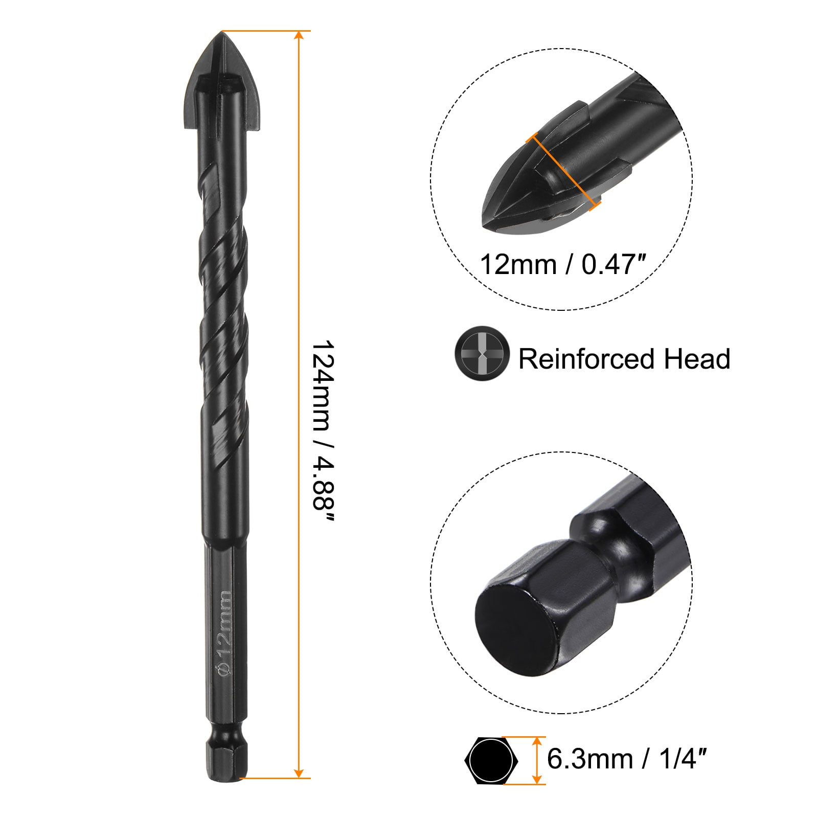 Unique Bargains 5pack Masonry Drill Bits, 12mm Concrete Drill Bit 1/4' Hex Shank Ceramic Drill Bit