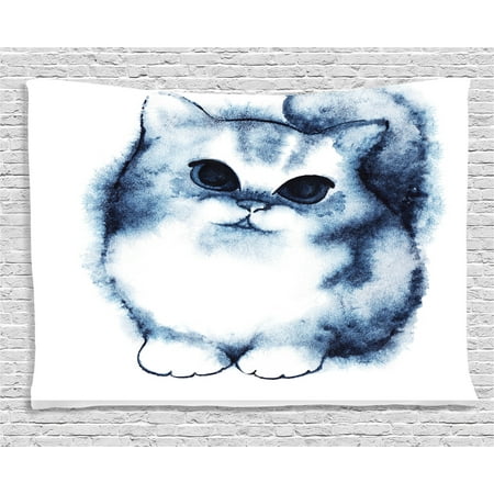 Navy Blue Decor Tapestry, Cute Kitty Paint with Color Features Fluffy Cat Best Companion Ever Design, Wall Hanging for Bedroom Living Room Dorm Decor, 60W X 40L Inches, Grey White, by