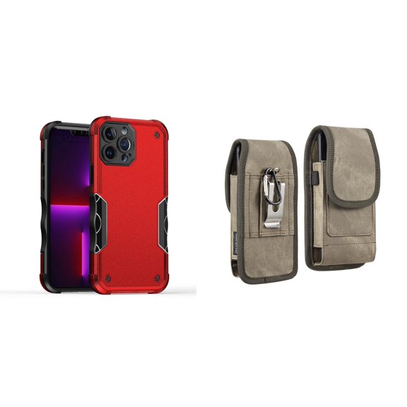 Case with Belt Holster Bundle for iPhone 14 Pro Max: Slim EX Hybrid Series Shockproof Case (Red) and Vertical Rugged Denim Nylon Phone Pouch (Brown)