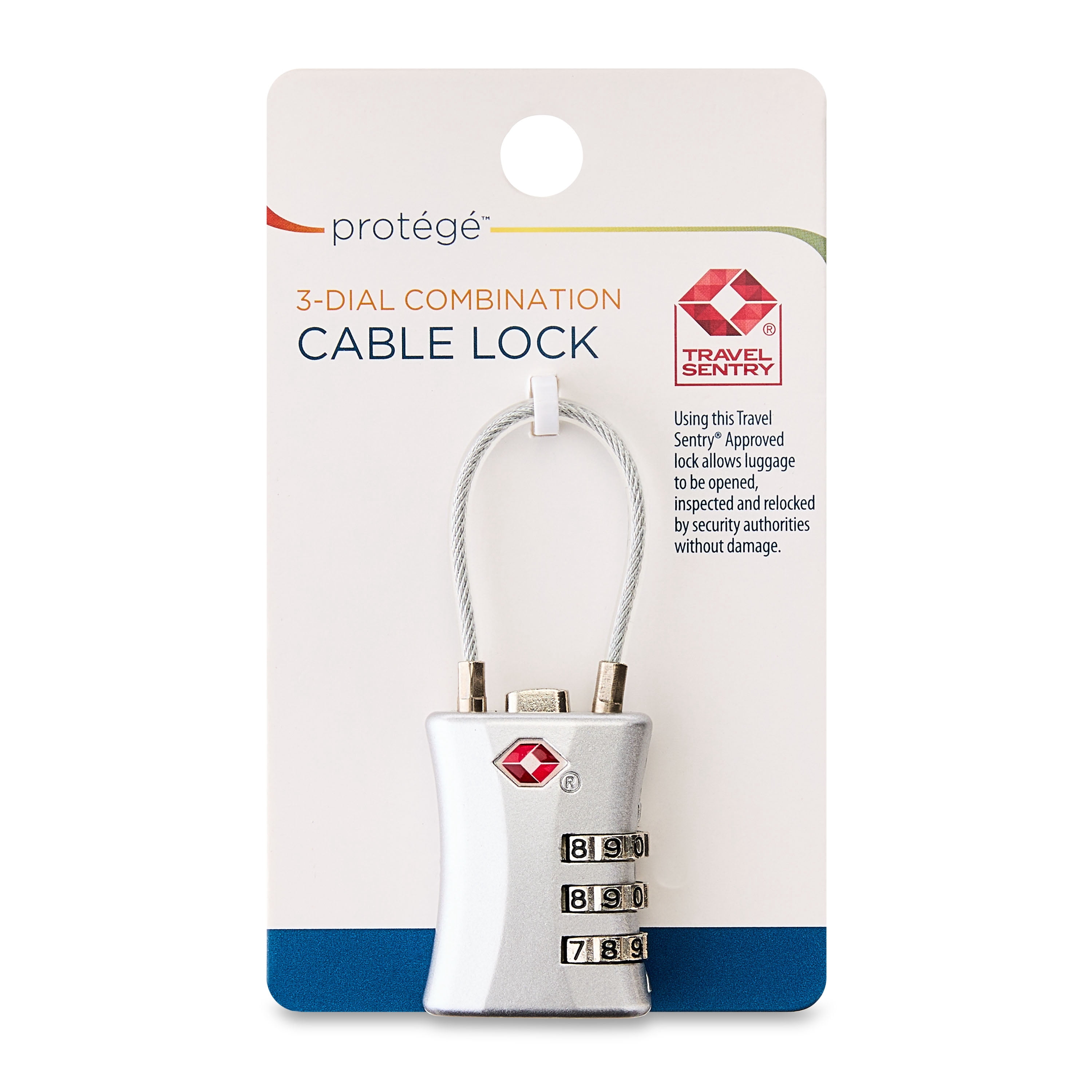 Protege 3-Dial Combination Cable Luggage Lock, Zinc Alloy, TSA Approved, Silver