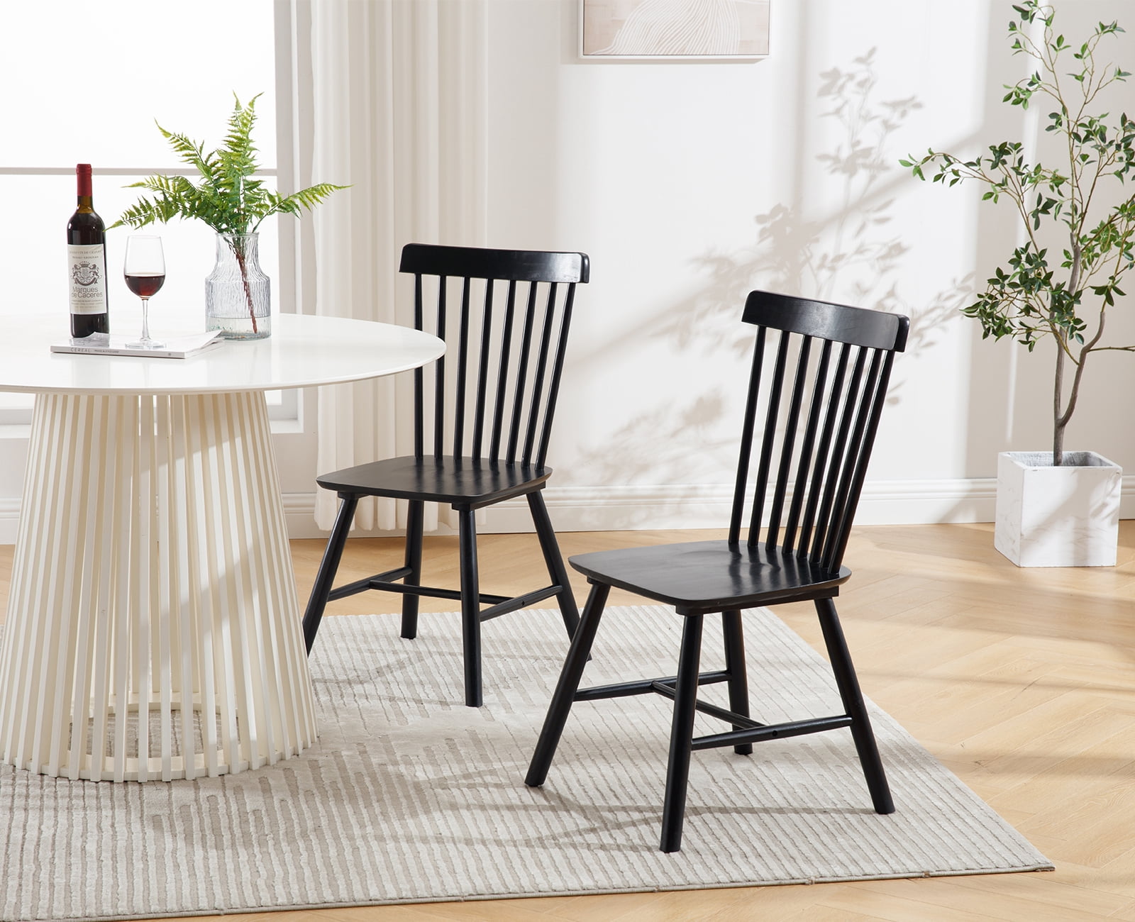 Dayalane Farmhouse Windsor Dining Chairs Set of 2, Solid Wood Spindle Back Dining Side Chairs, Mid-Century French Country Oak Kitchen Chairs for Dining Room Living Room Kitchen Restaurant, Black