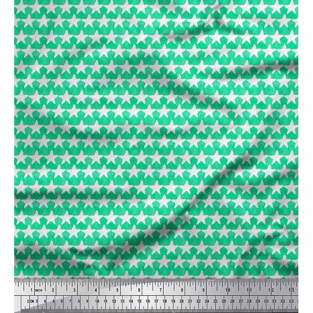 Soimoi Green Poly Georgette Fabric Texture & White Star Decor Fabric Printed Yard 52 Inch Wide