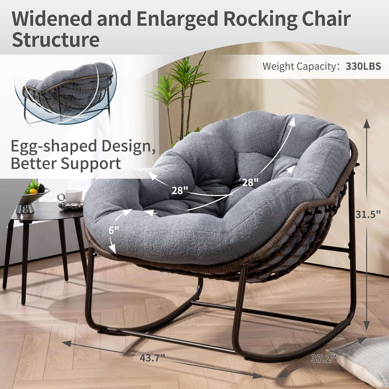MOONMISS Outdoor Patio Rattan Oversized Rocking Chairs Set of 2 with Teddy Padded Cushion-Gray
