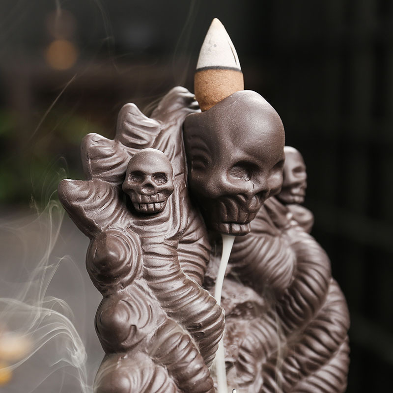 Purple Sand Handmade Incense Burner,Creative Halloween Skull Head Backflow Incense Stick Holder Aromatherapy Ornament for Yoga Spa Office Bedroom