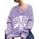 thumbnail image 2 of VISgogo Suéteres con cuello en V para mujer, blusas de punto holgadas con estampado de esqueleto clásico de manga larga VISgogo moda, 2 of 5
