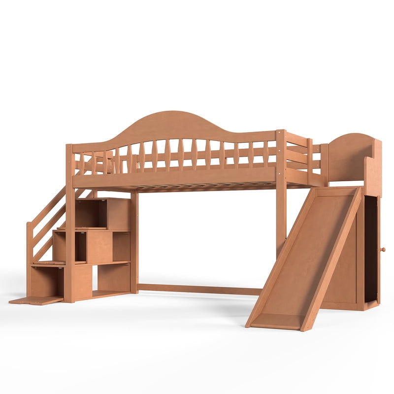 Twin Size Kids/Teens Loft Bed with Storage Staircase, Slide & Wardrobe, Princess Bed Frame with Curved Guardrail