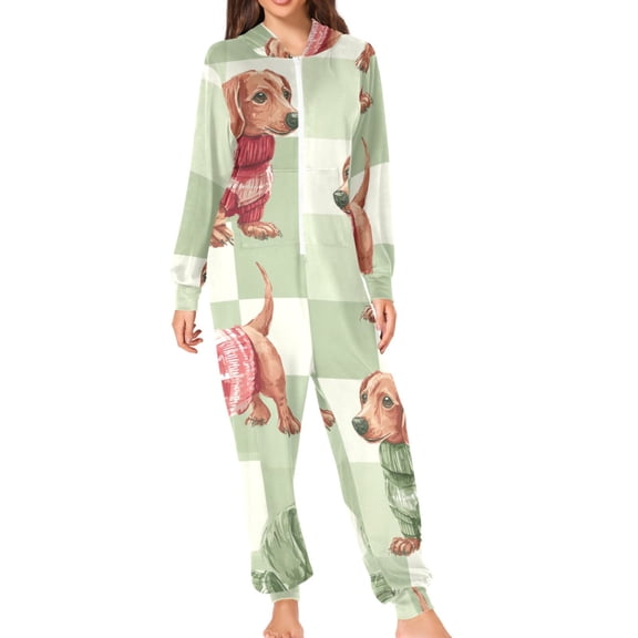 Green Plaids Dachshund Christmas Candy Cane Adult's Hoodie Onesie Jumpsuit One-Piece Pajamas with Zipper Unisex for Holiday S