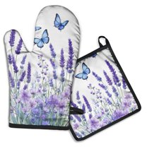 Lavenderand Butterflies Kitchen Oven Mitt and Pot Holder Sets 2 Pcs for Baking, Cooking and Grilling, Heat Resistant Up To 392 °F