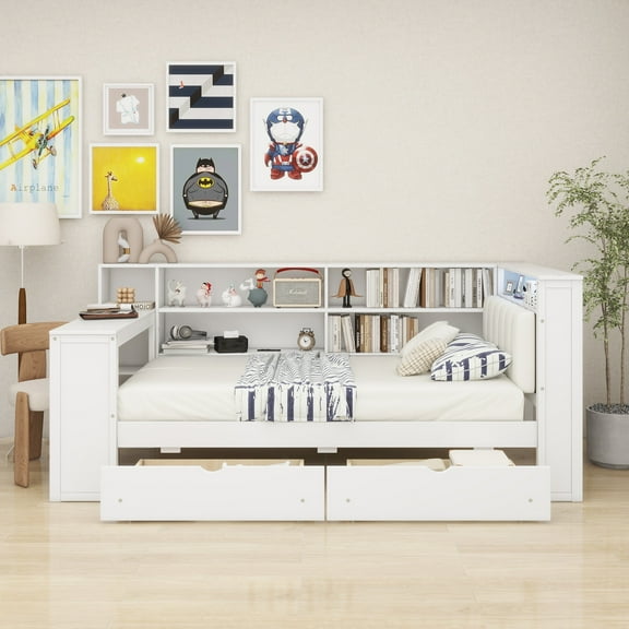 Wood Twin Size Platform Bed with Storage Shelves, Drawers, Charging Station, LED, Desk and Upholstered Headboard, White Beige Cushion