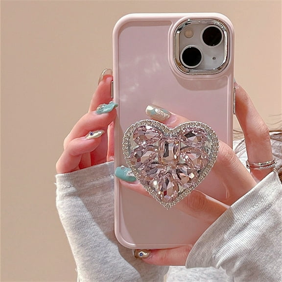 Cute pink Diamand love heart Holder phone case for iPhone 14 12 13 11 pro Max Korea Japan girl simple stand soft silicone cover