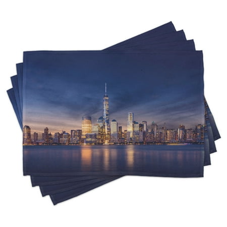 

City Placemats Set of 4 New York Skyline Manhattan After Sunset Metropolis Downtown Urban Panorama USA Washable Fabric Place Mats for Dining Room Kitchen Table Decor Navy Blue Peach by Ambesonne