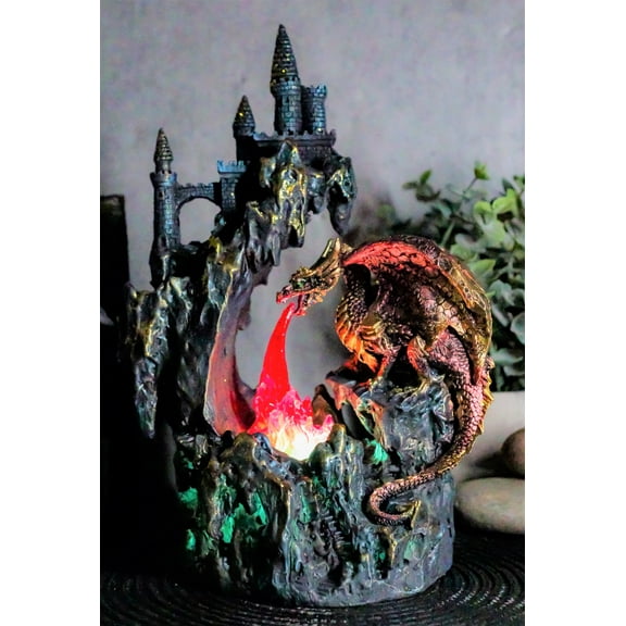 Ebros Red Garnet Fire Dragon By Rocky Mountain With Castle LED Light Figurine