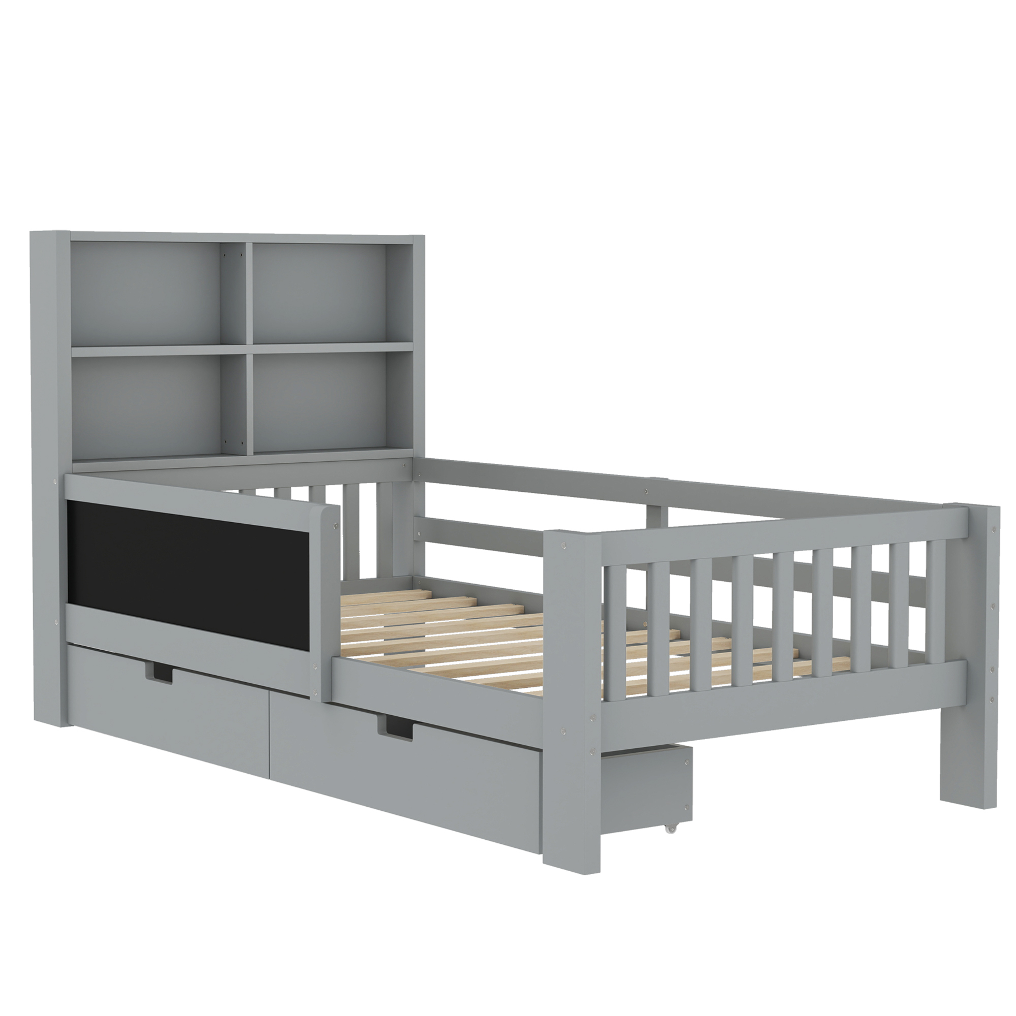 Yoneston Kids Twin Platform Bed with Storage Headboard and Chalkboard, Wood Platform Storage Bed with 2 Drawers & 4 Shelves for Boys Girls, Gray