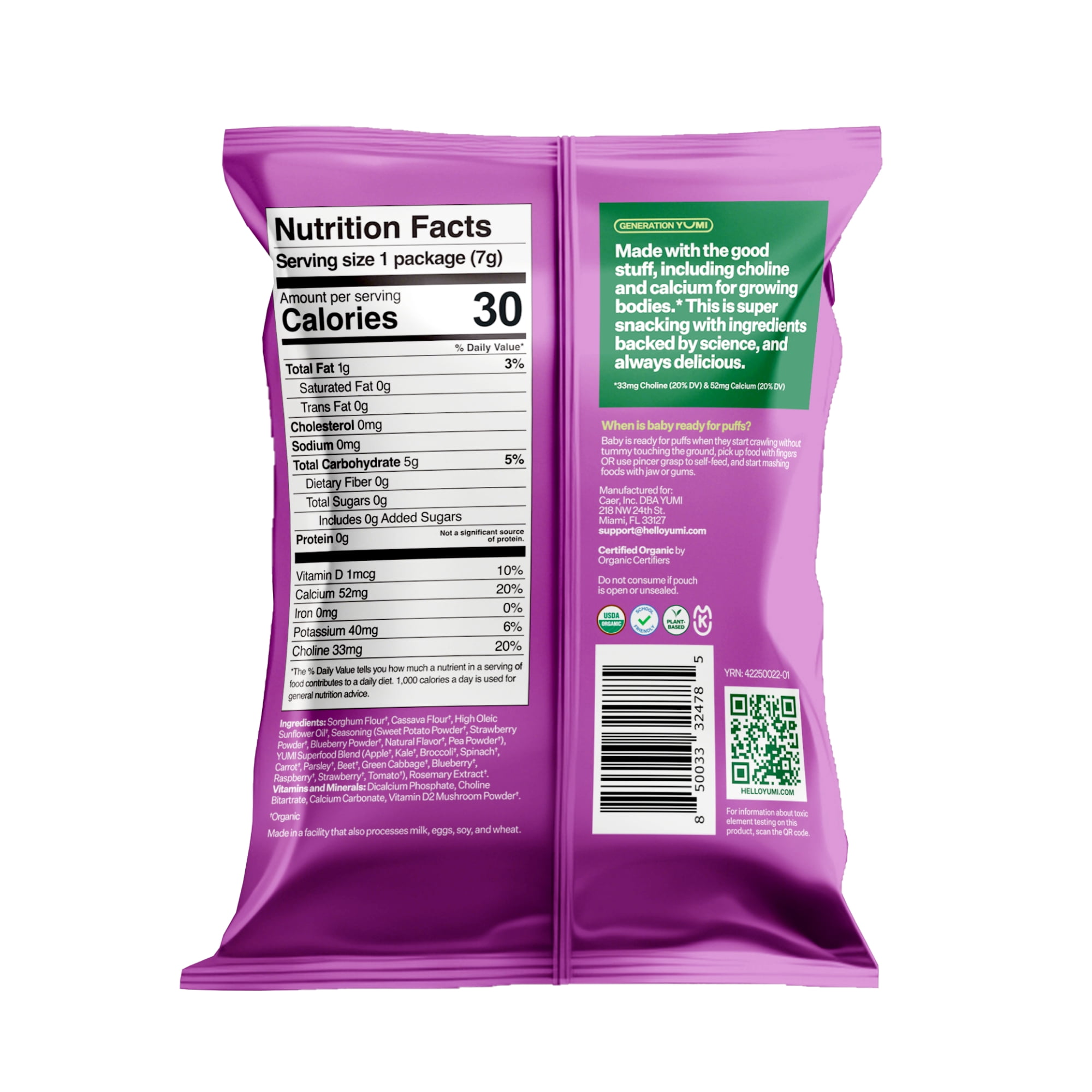 YUMI Organic Berry Sweet Pea Puffs Single Serve