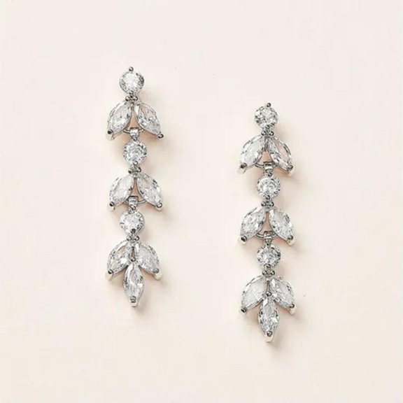 K-KED Women Charm 925 Silver Long Drop Earrings Cubic Zirconia Anniversary Jewelry-Silver