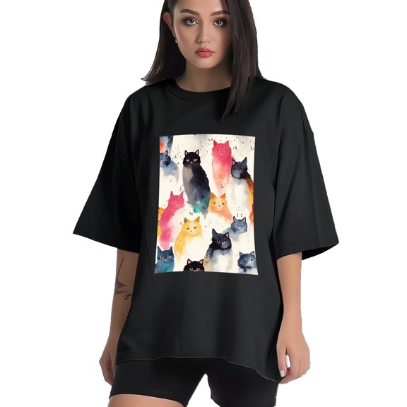 Plus Size Shirt for Women Black Tops for Women Short Sleeves Shirt for Women Cats T Shirt Crewneck Shirt for Women XS
