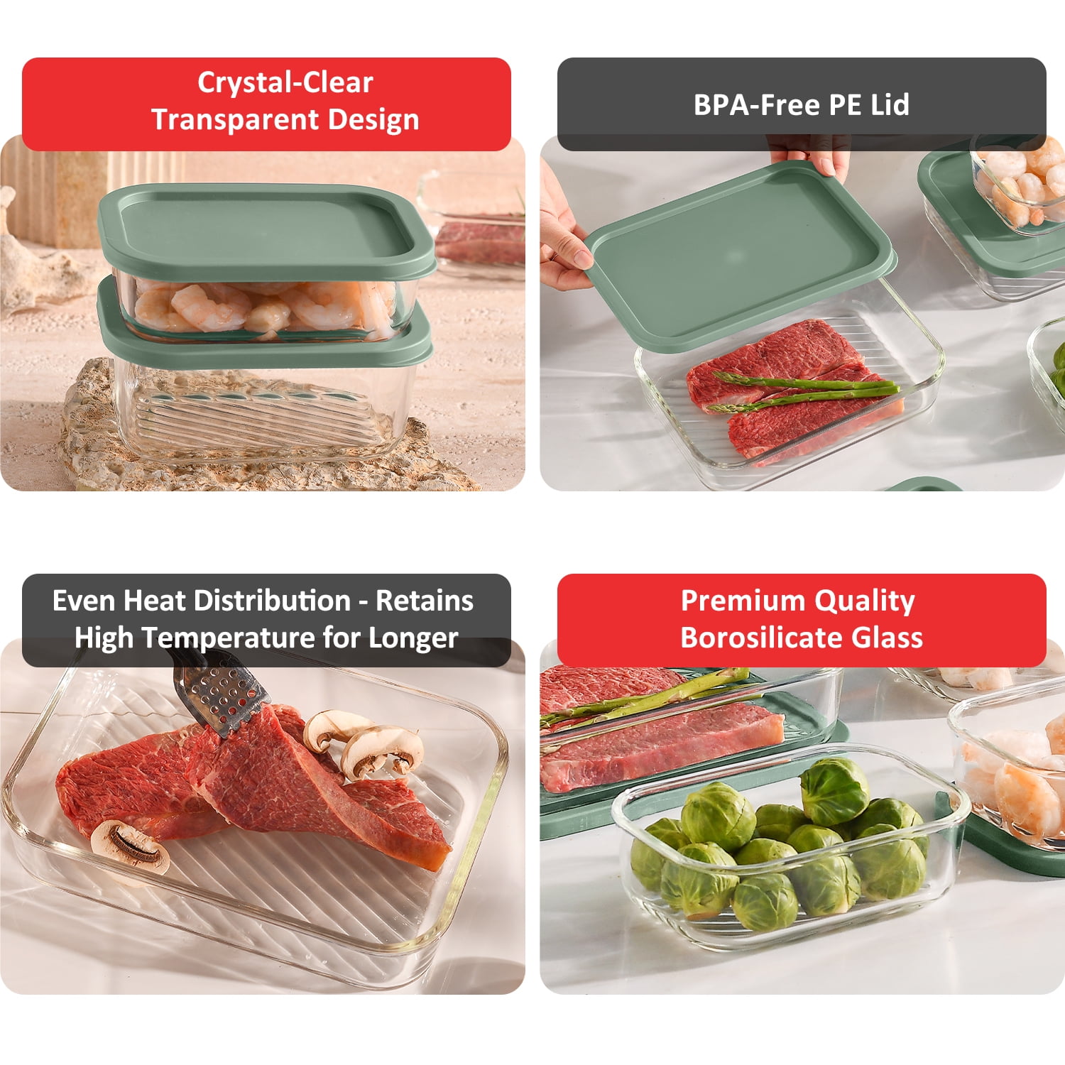 Lamma Loe Glass Storage Containers with Lids, 24 Piece Meal Prep Containers, Oven to Freezer Safe, Stackable, Glass Food Storage Containers, Sage Green